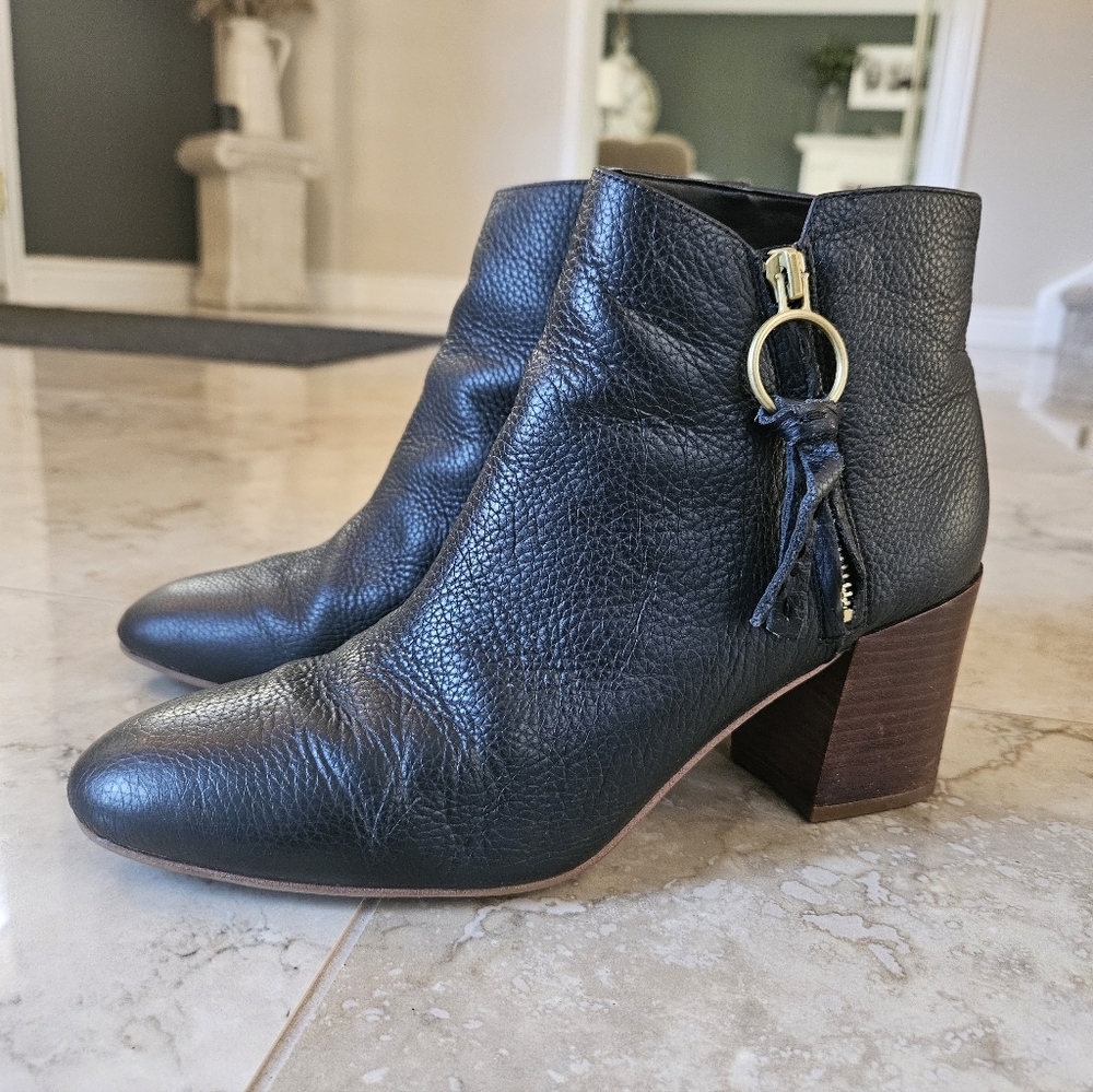FRANCO SARTO Callahan Black Leather Ankle Booties with Gold Accent